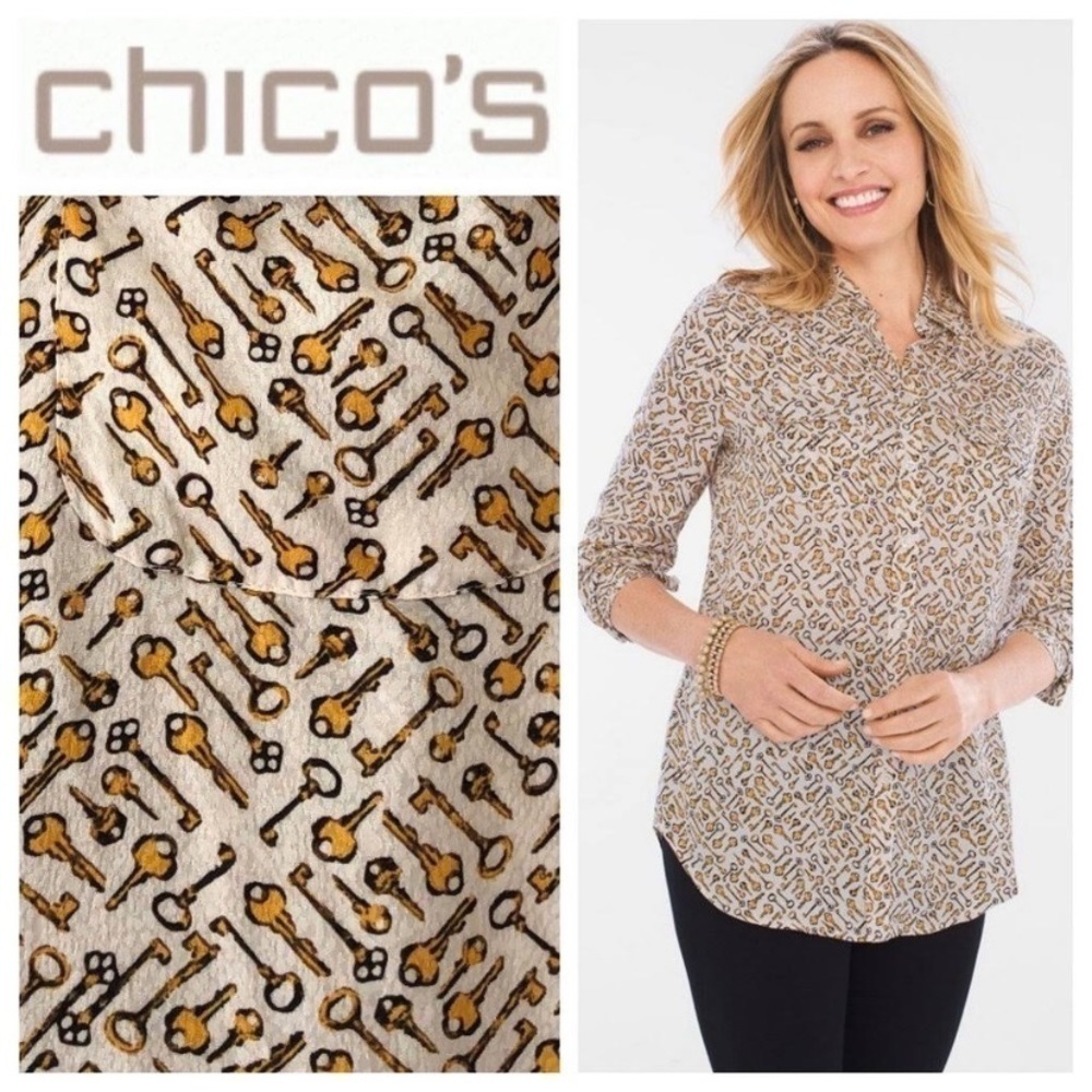 Chico's Keys Novelty Print Button Shirt Top Blouse